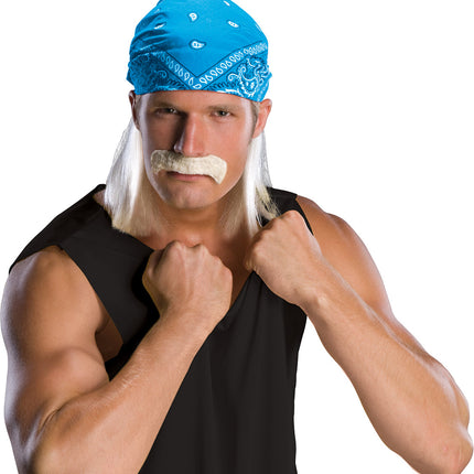 Blonde Wrestling Star Hulk Wig with Bandanna and Mustache