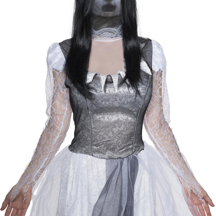 Adult Fabric Ghost Mask with Attached Long Black Wig