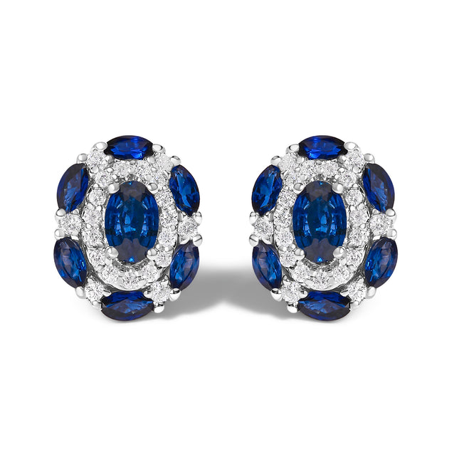 14K White Gold Blue Sapphire and Diamond Vintage Style Stud Earrings (G-H Color, SI2-I1 Clarity)