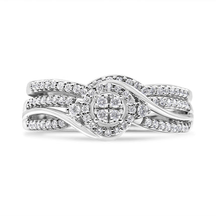 .925 Sterling Silver 1/3 Cttw Composite Diamond Frame Bypass Bridal Set Ring and Band (I-J Color, I2-I3 Clarity) - Ring Size 7