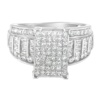 14K White Gold 2.0 Cttw Mixed-Cut Diamond Rectangle Invisible-Set Composite Cluster Ring with Bar- and Channel-Set Band (H-I Color, SI2-I1 Clarity) - Size 5