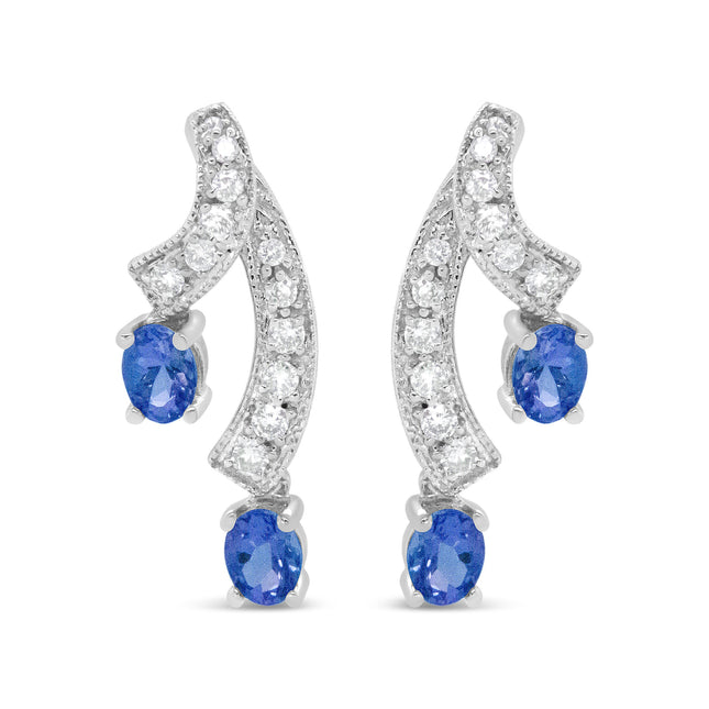 14K White Gold 4x3MM Oval Shaped Natural Blue Tanzanite Gemstone and 1/5 Cttw Diamond Double 3/4" Inch Drop Stud Earrings (H-I Color, VS1-VS2 Clarity)