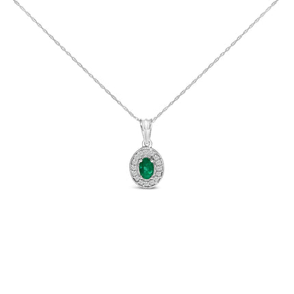 14K White Gold Oval 6x4 MM Green Emerald and Diamond Halo Pendant Necklace - 18 inch