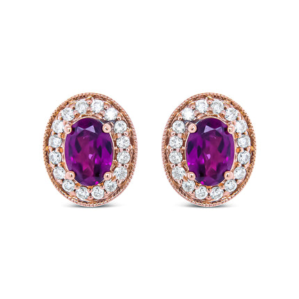 14K Rose Gold 7x5mm Oval Cut Garnet and 3/8 Cttw Round Diamond Halo Stud Earrings (G-H Color, SI1-SI2 Clarity)