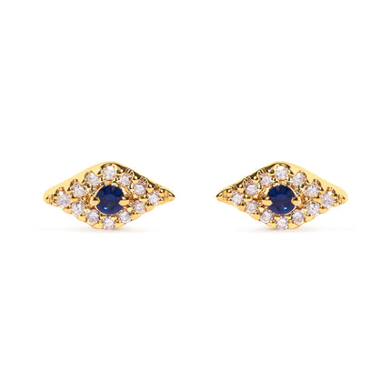 10K Yellow Gold Blue Sapphire and Diamond Accent Evil Eye Stud Earring (H-I Color, I1-I2 Clarity)