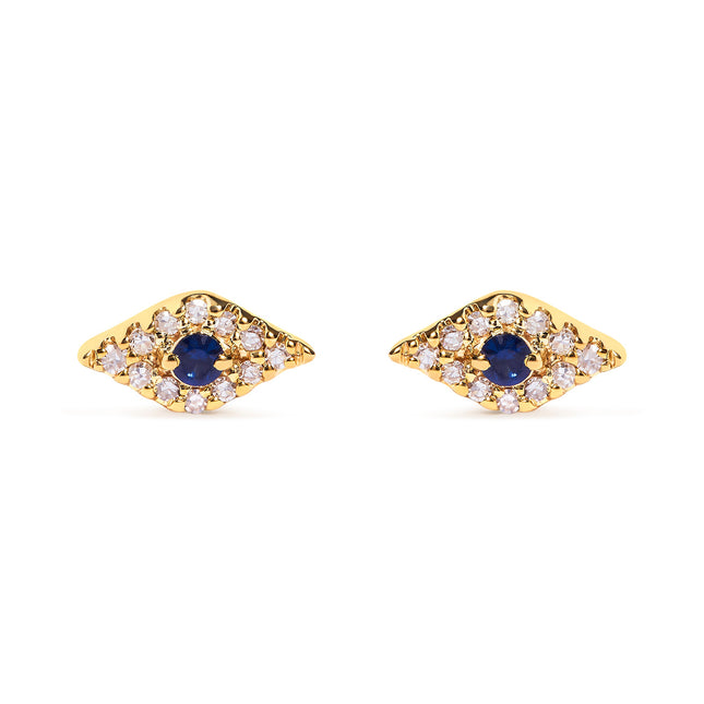 10K Yellow Gold Blue Sapphire and Diamond Accent Evil Eye Stud Earring (H-I Color, I1-I2 Clarity)