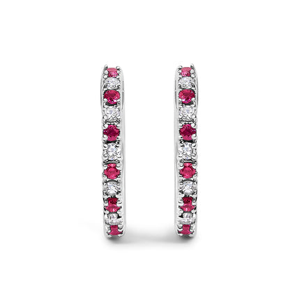 10K White Gold Alternating Diamond and Red Ruby Huggy Hoop Earrings (I-J Color, I1-I2 Clarity)