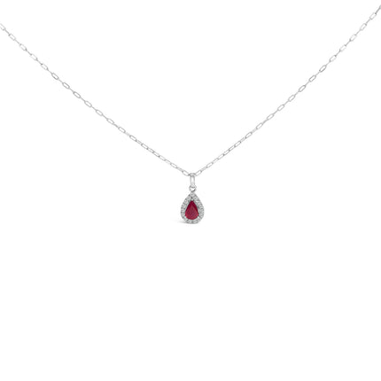 14K White Gold 6x4 Pear Red Ruby and Diamond Halo Pendant Necklace - 18" Inches