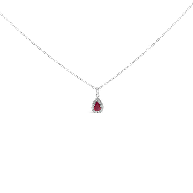 14K White Gold 6x4 Pear Red Ruby and Diamond Halo Pendant Necklace - 18" Inches