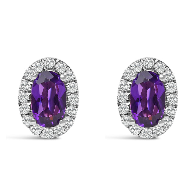10K White Gold 5x3 MM Oval Purple Amethyst and Diamond Halo Stud Earrings (I-J Color, I1-I2 Clarity)