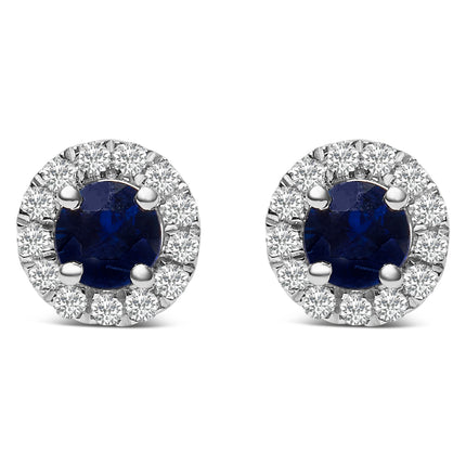 10K White Gold 3.25mm x 3.25mm Round Blue Sapphire and 1/10 Cttw Diamond Halo Stud Earrings (I-J Color, I1-I2 Clarity)