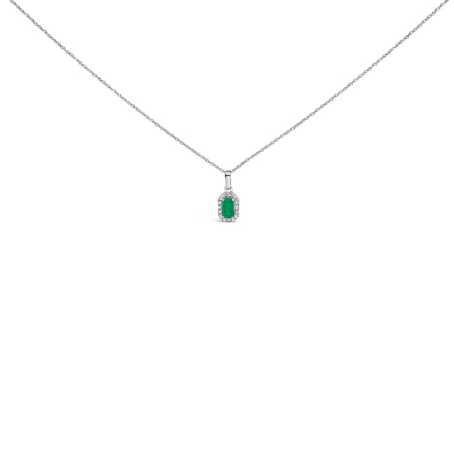 10K White Gold 5x3mm Green Emerald and Diamond Accent Halo Octagonal Shape 18" Pendant Necklace (I-J Color, I1-I2 Clarity)