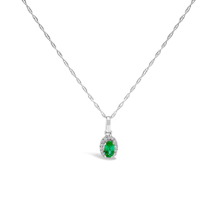 10K White Gold 5x3mm Green Emerald and Diamond Accent Halo Oval Shape 18" Pendant Necklace (I-J Color, I1-I2 Clarity)