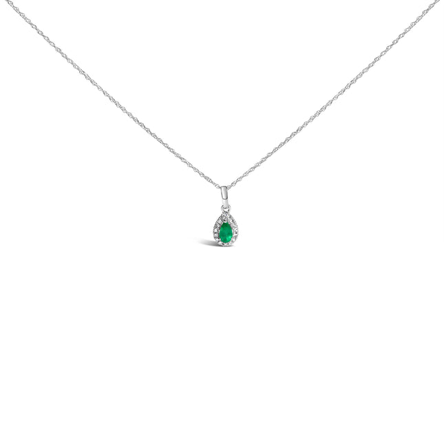 10K White Gold 5x3mm Green Emerald and Diamond Accent Halo Pear Shape 18" Pendant Necklace (I-J Color, I1-I2 Clarity)