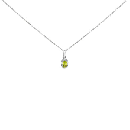 10K White Gold 5x3mm Green Emerald and Diamond Accent Halo Oval Shape 18" Pendant Necklace (I-J Color, I1-I2 Clarity)