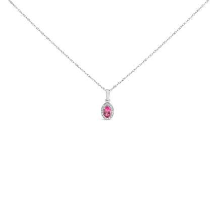 10K White Gold 5x3mm Green Emerald and Diamond Accent Halo Oval Shape 18" Pendant Necklace (I-J Color, I1-I2 Clarity)
