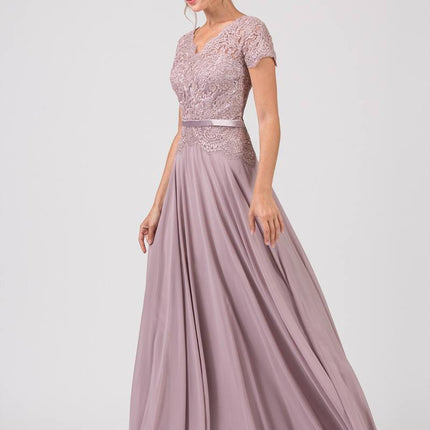 CLEARANCE - Eureka 5909 Lace Bodice A-Line Long Dress Short Sleeves (Size 3XL)