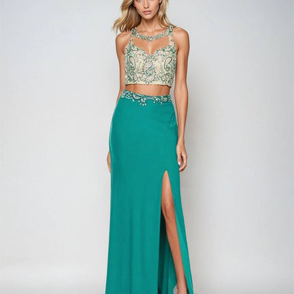 Juliet 595 Sexy Front Slit 2-Piece Dress Beads Illusion Neck