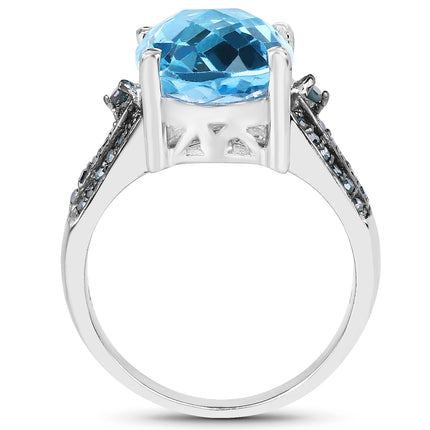 5.51 Carat Genuine Baby Swiss Blue Topaz and Blue Diamond .925 Sterling Silver Ring