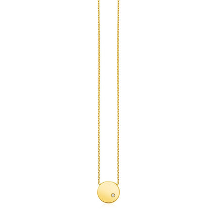 14k Yellow Gold Necklace with Polished Round Pendant with Diamond