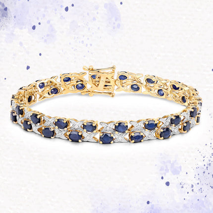 14K Yellow Gold Plated 12.53 Carat Genuine Blue Sapphire and White Diamond .925 Sterling Silver Bracelet
