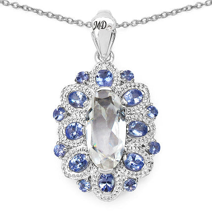 6.10 Carat Crystal Quartz, Tanzanite & Diamond Pendant in 925 Sterling Silver – Elegant Gemstone Necklace