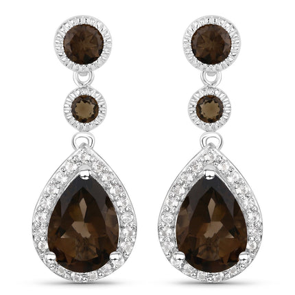 7.34 Carat Genuine Smoky Quartz and White Topaz .925 Sterling Silver Earrings