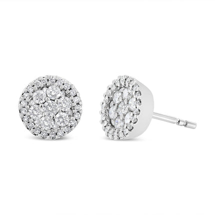 14K White Gold 1.0 Cttw Brilliant-Cut Diamond Halo-Style Cluster Round Button Stud Earrings (H-I Color, I1-I2 Clarity)