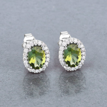 1.92 Carat Genuine Green Tourmaline and White Diamond 14K White Gold Earrings