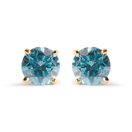14K Yellow Gold 1.0 Cttw Treated Aqua Blue Diamond Classic Solitaire Stud Earrings (Aqua Blue Color, I2-I3 Clarity)