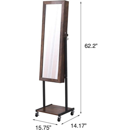 6 LEDs Mirror Jewelry Cabinet Armoire with Wheels