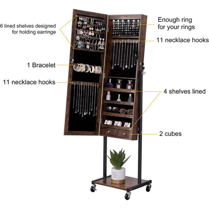 6 LEDs Mirror Jewelry Cabinet Armoire with Wheels