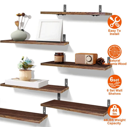 6-Piece Set: Wall Mounted Shelve Wood Storage Metal Bracket Display