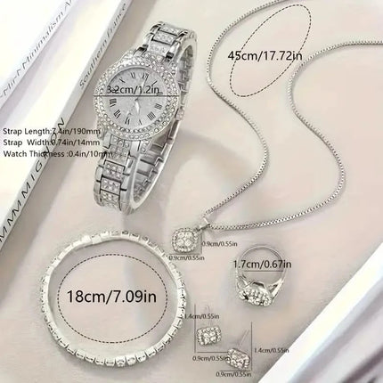 6-Pieces: Elegant Women's Jewelry Set with Quartz Roman Numerals Watch