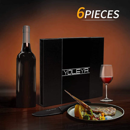6-Pieces Set: YOLEYA High Carbon German Stainless Steel Black Serrated Steak Knife Set