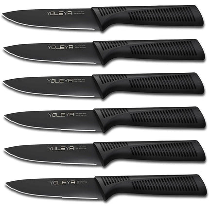 6-Pieces Set: YOLEYA High Carbon German Stainless Steel Black Serrated Steak Knife Set