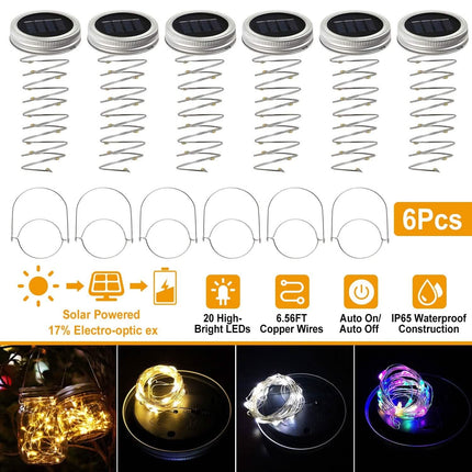6-Pieces: Solar Powered Mason Jar Lid Lights 20 LEDs