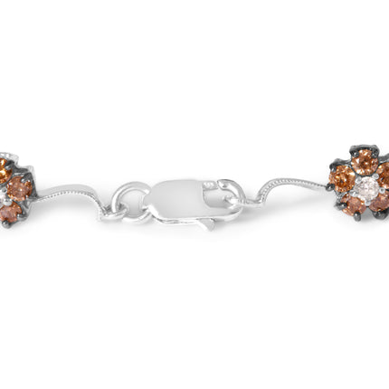 10K White Gold 4.0 Cttw Champagne and White Diamond Floral Cluster and Station Link Bracelet (H-I Color, SI2-I1 Clarity) - 7" Inches