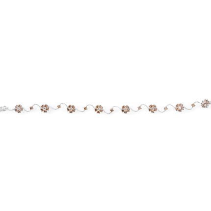 10K White Gold 4.0 Cttw Champagne and White Diamond Floral Cluster and Station Link Bracelet (H-I Color, SI2-I1 Clarity) - 7" Inches