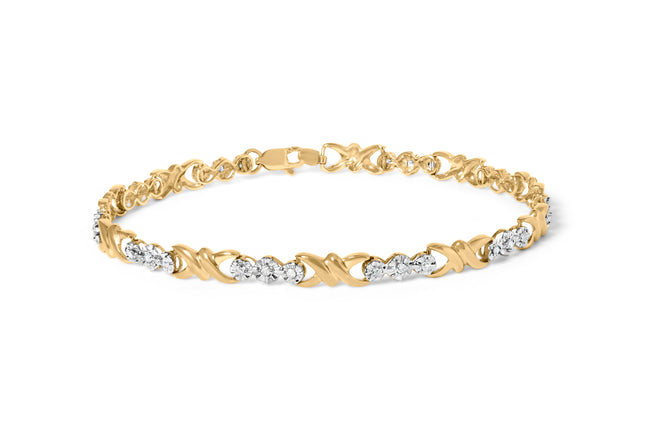 10k Yellow Gold 1/3 Cttw Diamond 3 Stone and X-Link Bracelet (I-J Color, I1-I2 Clarity) - 7.50" Inches