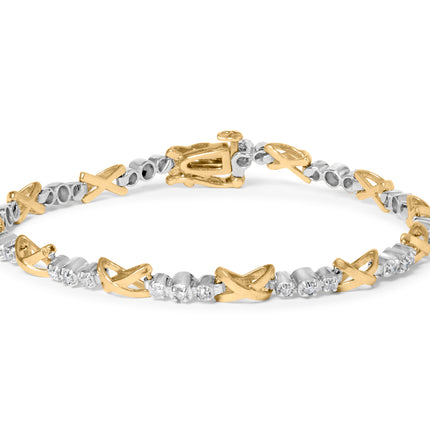 10K Two-Tone Gold 1/2 Cttw Diamond Alternating 3 Stone and X-Link 7" Bracelet (I-J Color, I2-I3 Clarity)