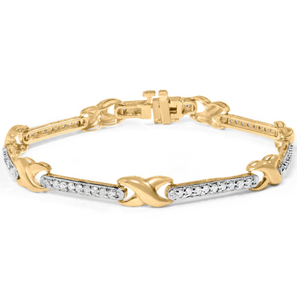 10K Yellow Gold 1.00 Cttw Pave Set Diamond Bar and  X-Link 7" Bracelet (I-J Color, I3 Quality)