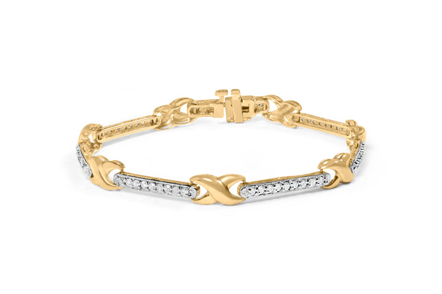 10K Yellow Gold 1.00 Cttw Pave Set Diamond Bar and  X-Link 7" Bracelet (I-J Color, I3 Quality)