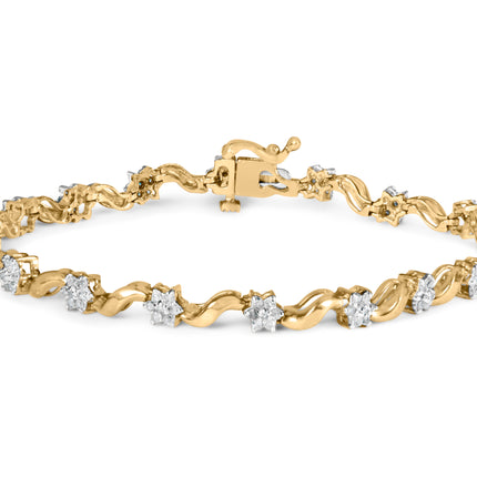 10k Yellow Gold 1.00 Cttw Round-Cut Diamond Floral S-Link 7.50" Bracelet (I-J Color, I2-I3 Clarity)