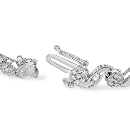 10K White Gold 2.00 Cttw Round-Cut and Baguette-Cut Diamond Floral Design Swirl Link 7" Bracelet (I-J Color, I1-I2 Clarity)