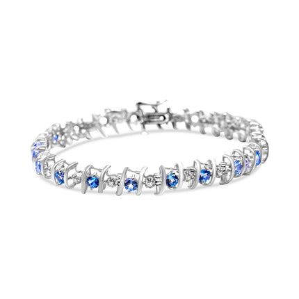 .925 Sterling Silver, Lab-Grown Gemstone and 4 Cttw Round Diamond Tennis Bracelet (H-I Color, I1-I2 Clarity) - Created Blue Sapphire, September Birthstone