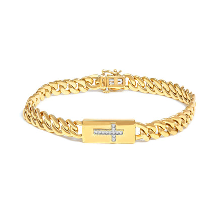 14K Yellow Gold Plated .925 Sterling Silver Diamond Accent Inlaid Cross Cuban Link Bracelet (I-J Color, I3 Clarity)-  7.25"