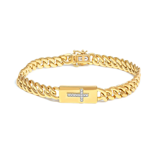 14K Yellow Gold Plated .925 Sterling Silver Diamond Accent Inlaid Cross Cuban Link Bracelet (I-J Color, I3 Clarity)-  7.25"