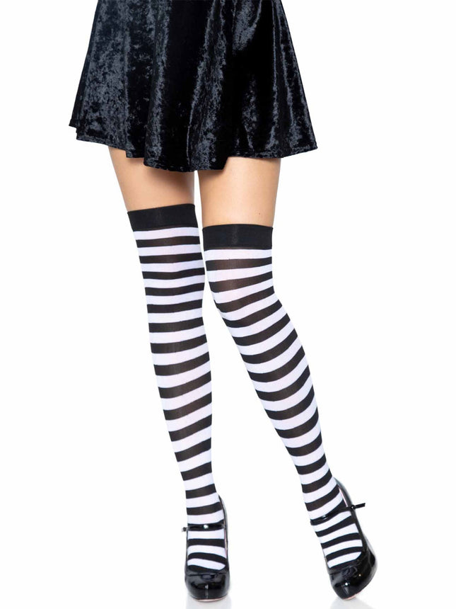 Nylon Striped Thigh Highs - Blk/White - O/S