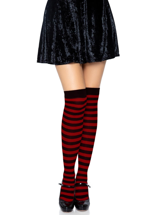 Nylon Striped Thigh Highs - Black/Red - O/S